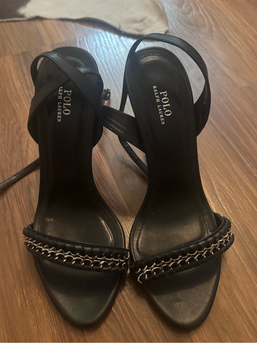 Polo by Ralph Lauren Black Leather Chain-Trim Ankle-Strap Heels